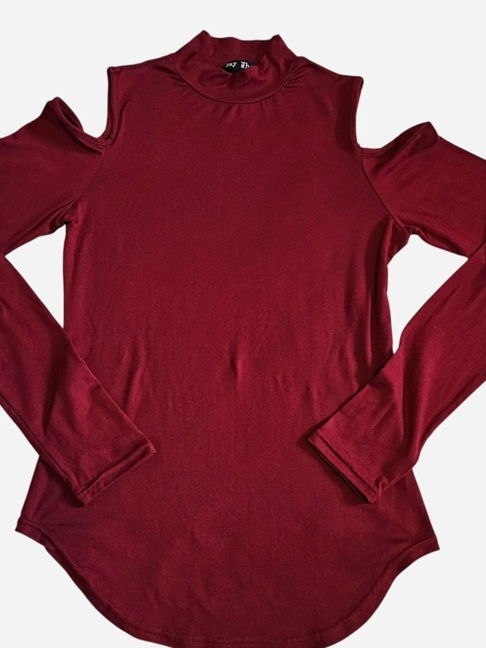 Say What? Burgundy Cold-Shoulder Long Sleeve Top